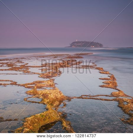 Sri Lanka. Beruwela. Coral reefs off the island lighthouse