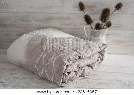 Rolled Two-tone White And Gray Duvet With Thistle Plants