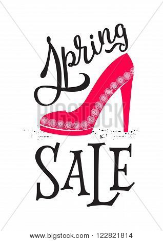 Spring sale. Spring beautiful modern calligraphy. Isolated on white for easy use. Black and pink color vector illustration. Spring sale for banner or poster. It can be used for a shoe store