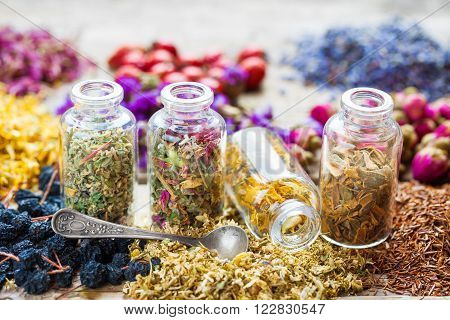 Bottles of healing herbs and herbal tea assortment