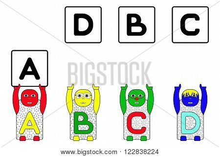EDUCATIONAL MATCHING TASK WITH CHILDREN'S NAMES A,B,C and D. (ALPHABETICAL MATCHING TASK FOR CHILDREN)