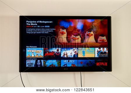 MONTREAL CANADA - MARCH 20 2016 - Netflix application running on LG TV. Netflix is a well known global provider of streaming movies and TV series.