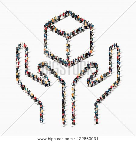 Isometric set of hands styles, cube, web infographics concept vector illustration of a crowded square, flat 3d. Crowd point group forming a predetermined shape. Creative people. - Vector Illustration. Stock vector.