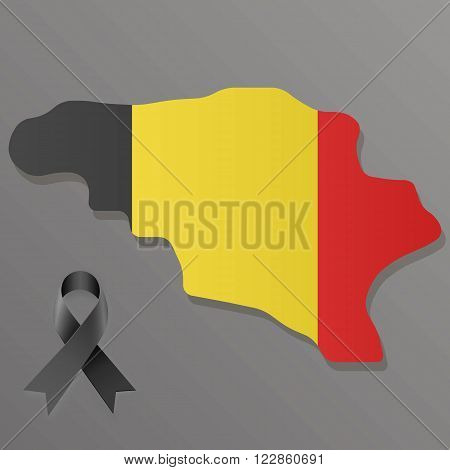 Belgium map with national flag colors inside with black ribbon. Pray for Brussels. at dark backround. vector illlustration