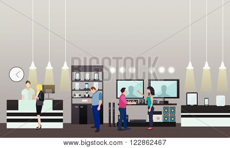 People shopping in a mall. Poster concept. Consumer electronics store Interior. Colorful vector illustration. Design elements and banners in flat style.