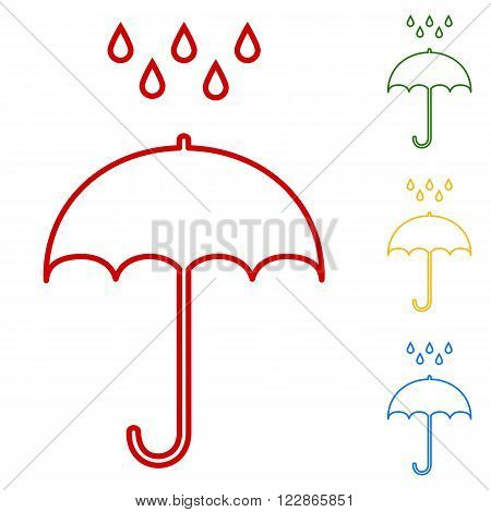 Umbrella with water drops. Rain protection symbol. Set of line icons. Red, green, yellow and blue on white background.