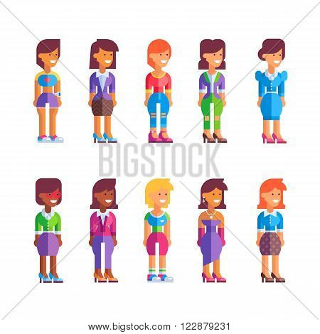 Collection of different female characters in flat design. Stock vector illustration. See also male set.