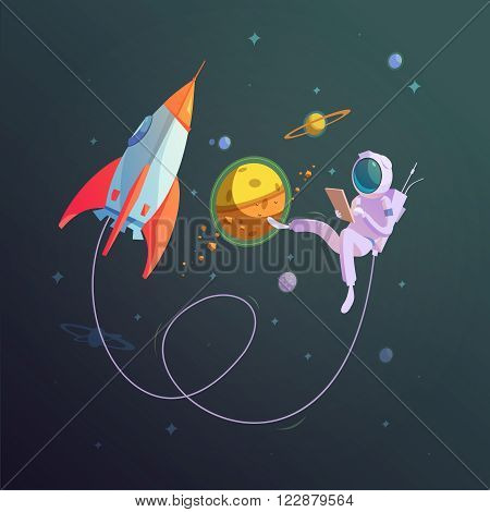 Open space background with rocket and cosmonaut in a spacesuit cartoon vector illustration