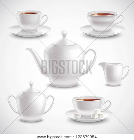Realistic tea set with filled teacups saucers pot and sugar bowl on white background vector illustration