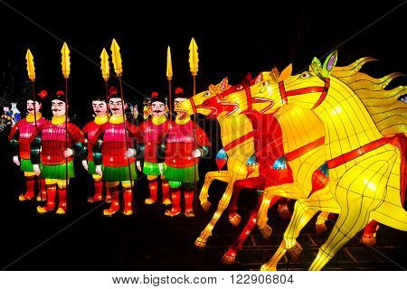 London United Kingdom - February 07 2016: Magical Lantern Festival at Chiswick House And Gardens. Chinese warriors and horses lanterns