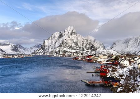 Reine, Norway - February 21, 2016: Mountain winter background in Reine Lofoten Islands Norway