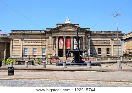 LIVERPOOL, UK - JUNE 11, 2015 - Walker Art Gallery with the Steble fountain in the foreground Liverpool Merseyside England UK Western Europe, June 11, 2015.