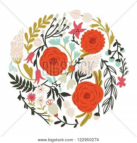 Beautiful circle made of flowers in vector. Romantic cartoon invitation card. Stylish design element..