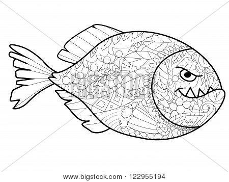 Piranha sea animal coloring book for adults vector illustration. Anti-stress coloring for adult. Zentangle style. Black and white lines. Lace pattern