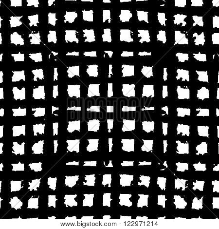 Black and white background with grungy grid. Artistic monochrome abstract seamless pattern. Modern design. Vector illustration.