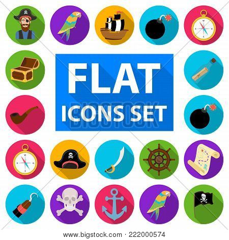 Pirate, sea robber flat icons in set collection for design. Treasures, attributes vector symbol stock  illustration.