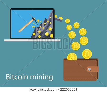concept of cryptocurrency technology, bitcoin making, bitcoin mining, e-wallet. Computer notebook with bitcoin symbol relocating into wallet. Vector illustration in flat style