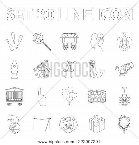 Circus and attributes outline icons in set collection for design. Circus Art vector symbol stock  illustration.