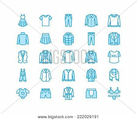 Clothing, fasion flat line icons. Mens, womens apparel - dress, down jacket, jeans, underwear, sweatshirt. Thin linear signs for clothes and accessories store. Pixel perfect 64x64.