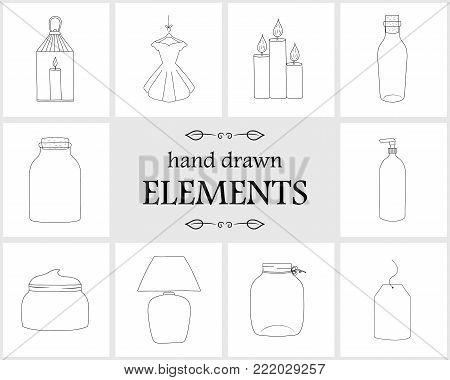 Hand drawn logo elements and icons. Hand drawn decorative vector elements . Cute items for your branding. This collection can be used for creating logos, business cards, postcards, wedding invitations