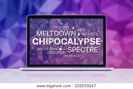 Chipocalypse concept with meltdown and spectre threat. Chipocalypse meltdown and spectre threat on laptop screen on ultraviolet polygonal background.