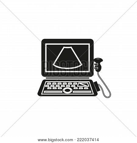 Portable laptop ultrasound machine in black simple silhouette style icons vecor illustration for design and web isolated on white. Medical diagnostic device. Logo. Sonography.