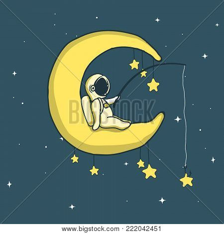 Baby astronaut catches stars on crescent moon.Personage design.Childish vector illustration
