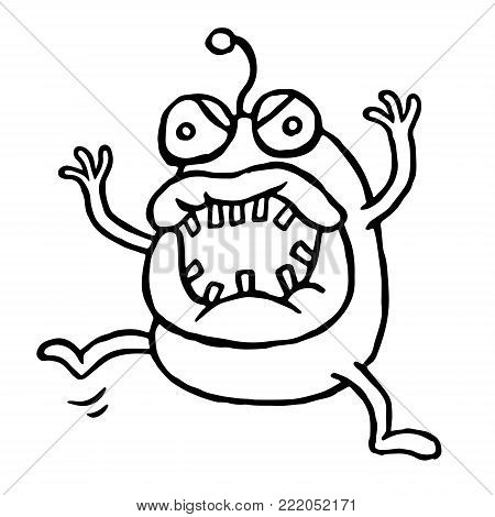 Cute angry cartoon alien is attack. Vector illustration. Funny imaginary evil character.