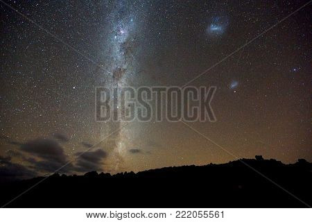 Starry sky of the Southern Hemisphere with the Milky Way and the Magellanic Clouds