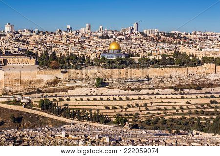 The holy city Jerusalem view from the Oelberg on Old Town and Temple Mount Travel Israel