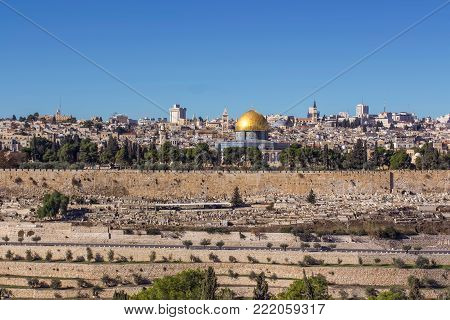 The holy city Jerusalem view from the Oelberg on Old Town and Temple Mount Travel Israel