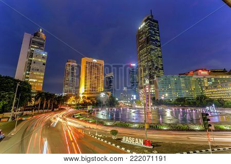 JAKARTA, INDONESIA - November 21, 2017. Heavy traffic during the rush hour on the Gatot Subroto highway in Jakarta business district in Indonesia capital city. The city is well known for its congestion problem