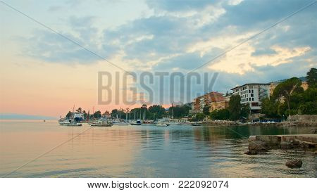 Colorful sunset at Lungomare in Opatija, Croatia