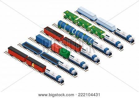 Vector isometric illustration of a set of railway trains consisting of locomotives, platforms for transportation of containers, covered wagons, cisterns, and rail cars for bulk cargoes.