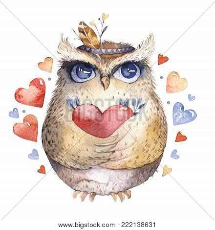 I love you. Lovely watercolor illustration with sweet owls, hearts and flowers in awesome colors. Stunning romantic valentines day card made in watercolor technique. Bright Valentines isolated design with love.