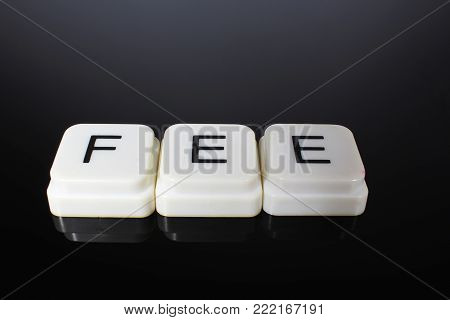Fee text word title caption label cover backdrop background. Alphabet letter toy blocks on black reflective background. White alphabetical letters. White educational toy block with words on mirror board table.