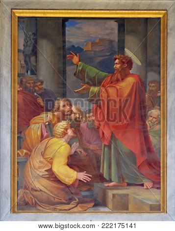 ROME, ITALY - SEPTEMBER 05: The fresco with the image of the life of St. Paul: St. Paul preaching, basilica of Saint Paul Outside the Walls, Rome, Italy on September 05, 2016.