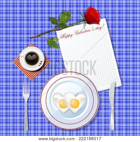Valentine's day breakfast. Heart shaped crambled eggs on white plate and cup of coffee with heart on blue checkered tablecloth background with red rose on empty greeting template. Vector illustration.