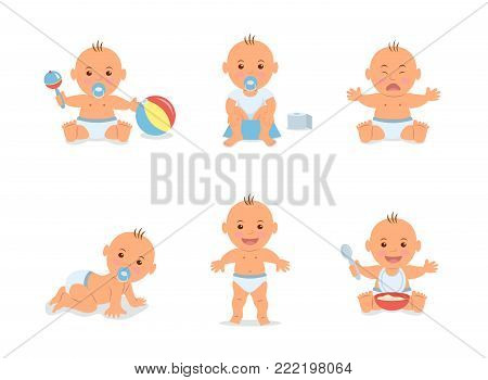 Cartoon set with cute little babies in diaper. Happy toddler plays with toy, child learning to walk, baby crying, child sits on potty, toddler crawling on the floor. Vector illustration in flat style.