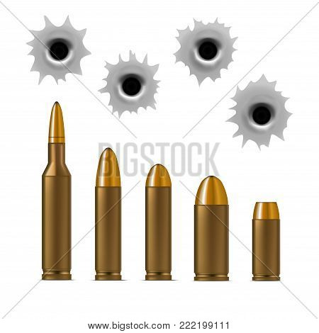 Realistic Detailed 3d Bullets and Bullet Holes Set Weapon Gun Isolated on White Background Different Caliber. Vector illustration
