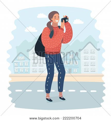 Vector cartoon illustration of Woman wanderer is taking photo on camera of city, while she standing on a street. Girl is shooting video. Funny happy famele character on city landscape background.