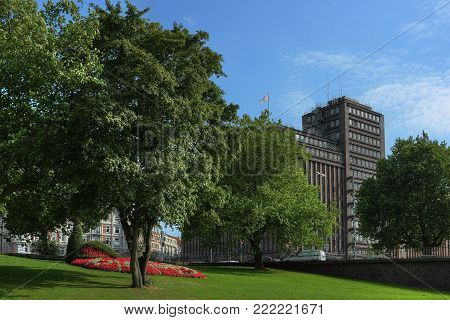 Cityscape of Hamburg. View on building of 'Brahms Kontor' and part of city park in centre of Hamburg.