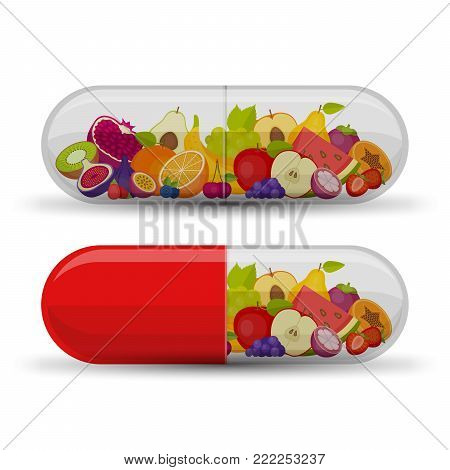 Medical capsule with fruit and vegetables. Vitamins and supplements. Different fruit in capsule. Flat style, vector illustration.