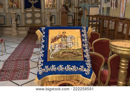 Nazareth, Israel, December 23, 2017 : Interior of the Greek Orthodox Metropolite of Nazareth in the old city of Nazareth in Israel