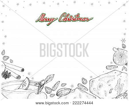 Illustration Frame of Hand Drawn Sketch of Wassail and Torrone or Nougat Sign for Christmas Season.
