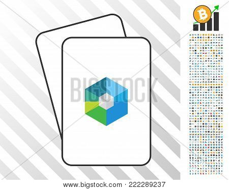 Raiblocks Currency playing cards pictogram with 700 bonus bitcoin mining and blockchain images. Flat vector set for gambling and crypto- currency software.
