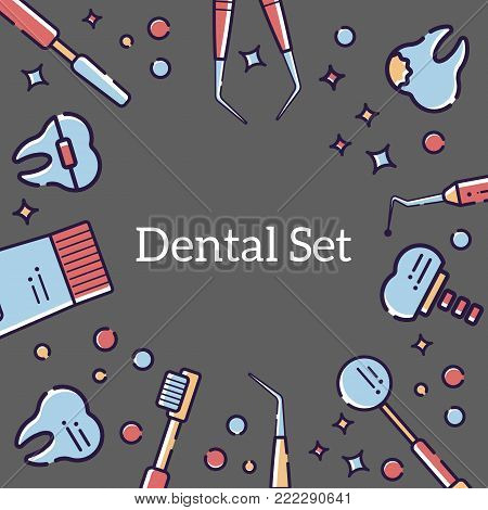 Vector flat background for card from medical instruments of dentist and teeth. Linear design for a card in the style of a cartoon with space for text