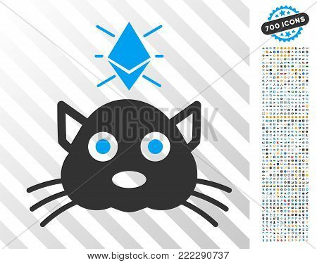 Ethereum Crypto Kitty icon with 7 hundred bonus bitcoin mining and blockchain clip art. Vector illustration style is flat iconic symbols designed for crypto-currency apps.
