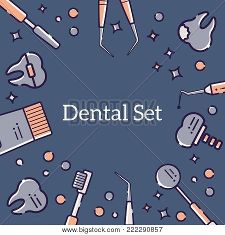 Vector flat background for card from medical instruments of dentist and teeth. Linear design for a card in the style of a cartoon with space for text