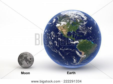 This image represents the size comparison between Earth and Moon in a precise and scientific design.This is a 3d rendering with captions.